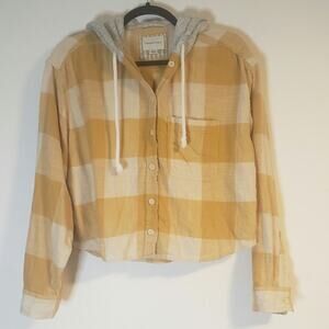 American Eagle Yellow Plaid Cropped Hooded Button-Up Size Medium Preloved Good